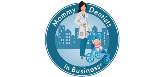 Mommy Dentists in Business circular logo featuring female dentist with child in stroller – Smile Worth Dental Co