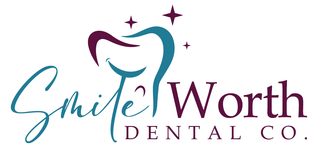 Smile Worth Dental Co Logo with Tooth and Sparkle Design – Smile Worth Dental Co Smile Worth Dental Co logo featuring stylized tooth icon and stars representing cosmetic dentistry care – Smile Worth Dental Co